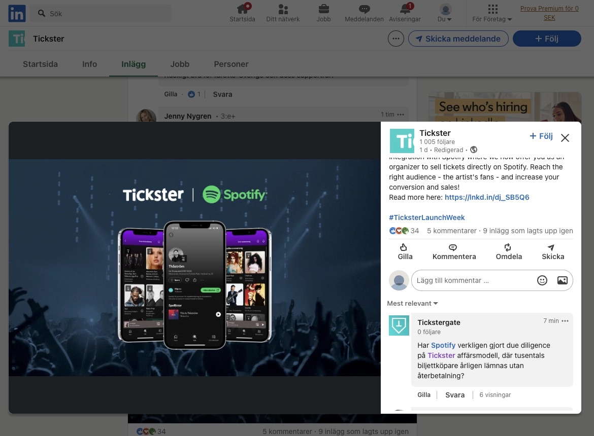 Tickster Spotify rättsprocess och konkurshot