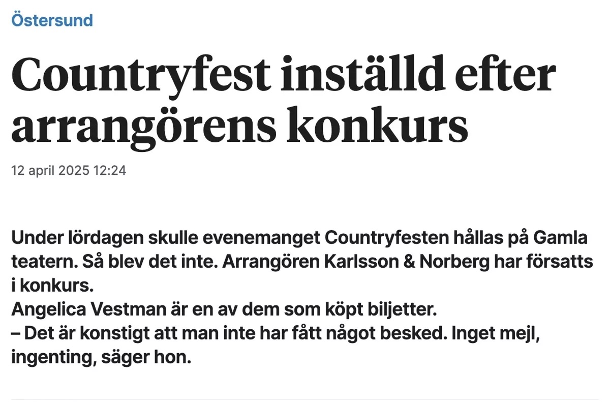 Tickster karlsson & norberg countryfest konkurs återbetalning
