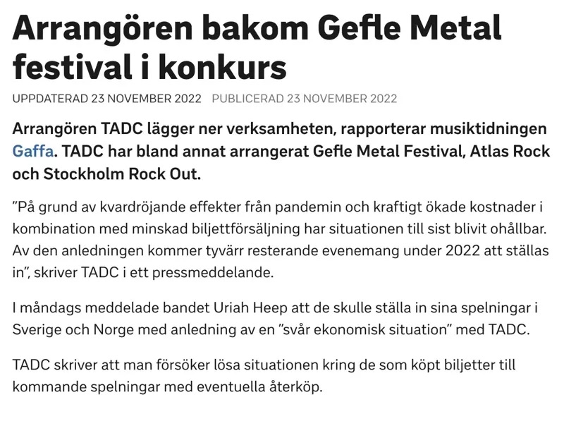 Tickster gefle metal gävle konkurs återbetalning