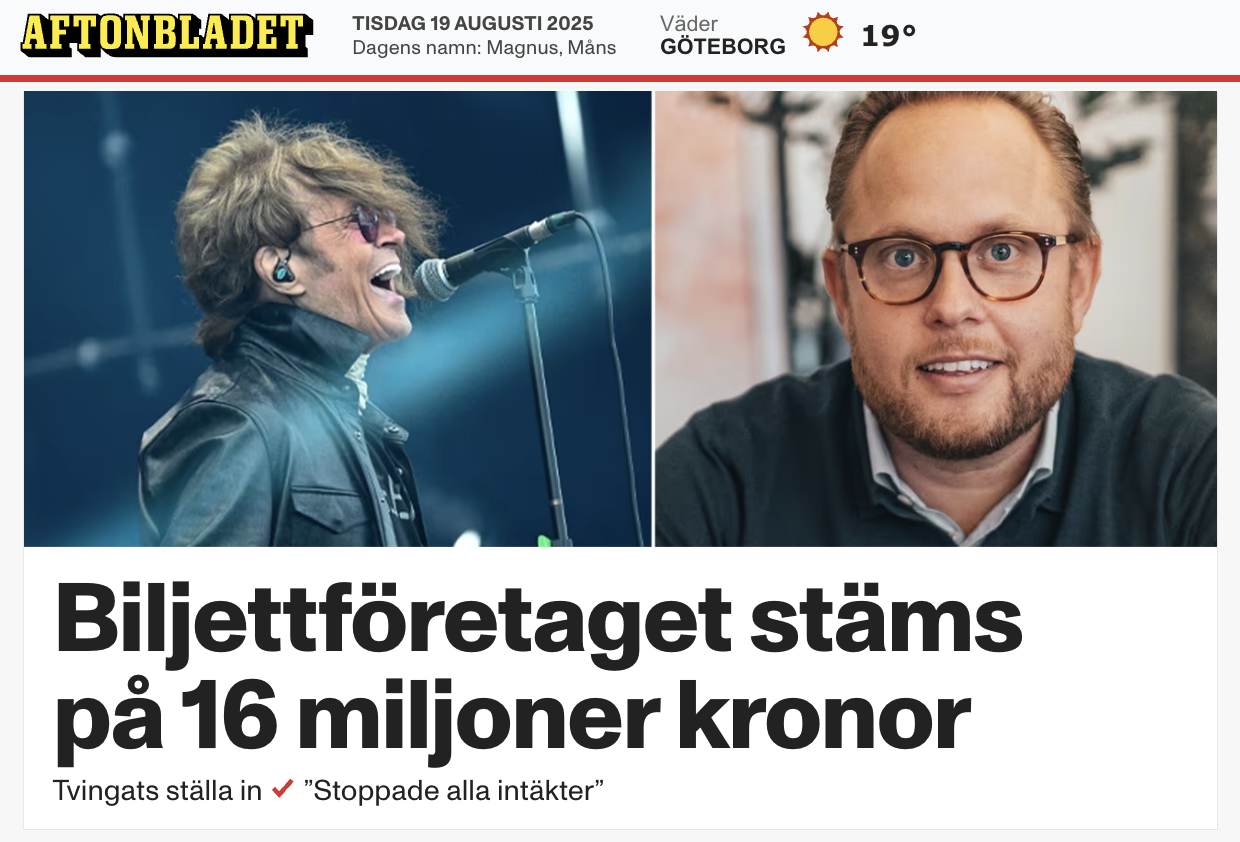 Aftonbladet Tickster Rock Concerts Sweden stämmer avtalsbrott återbetalning support kundtjänst faq 