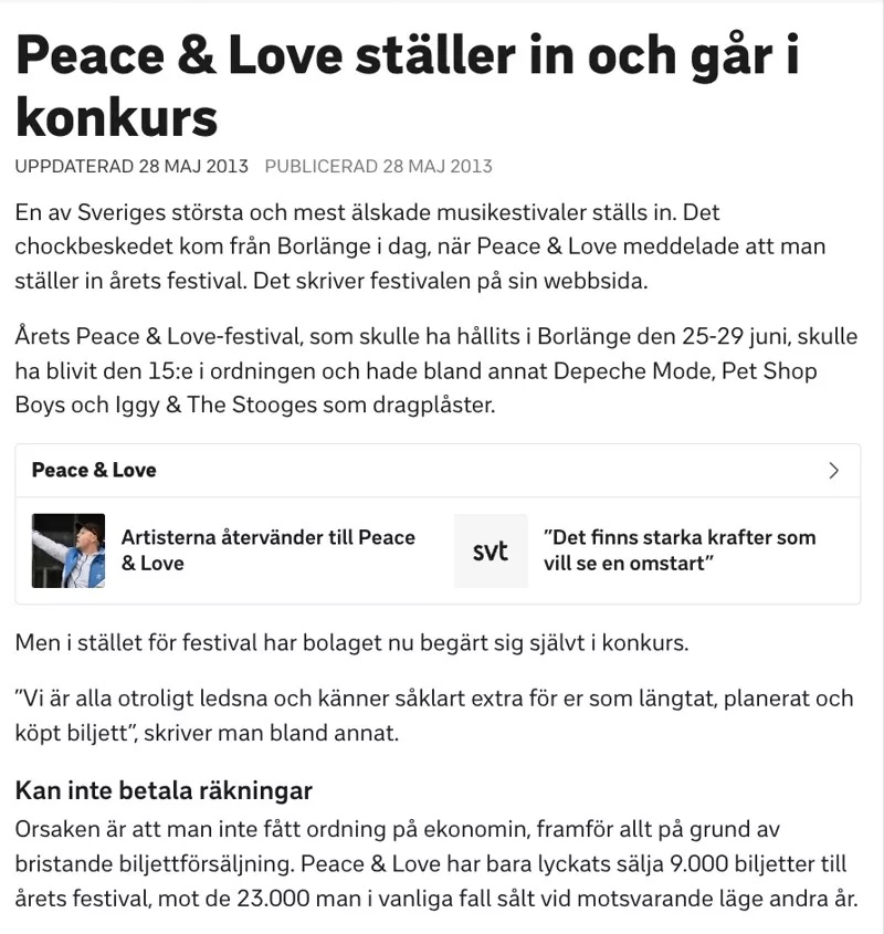 Tickster peace & love borlänge konkurs återbetalning